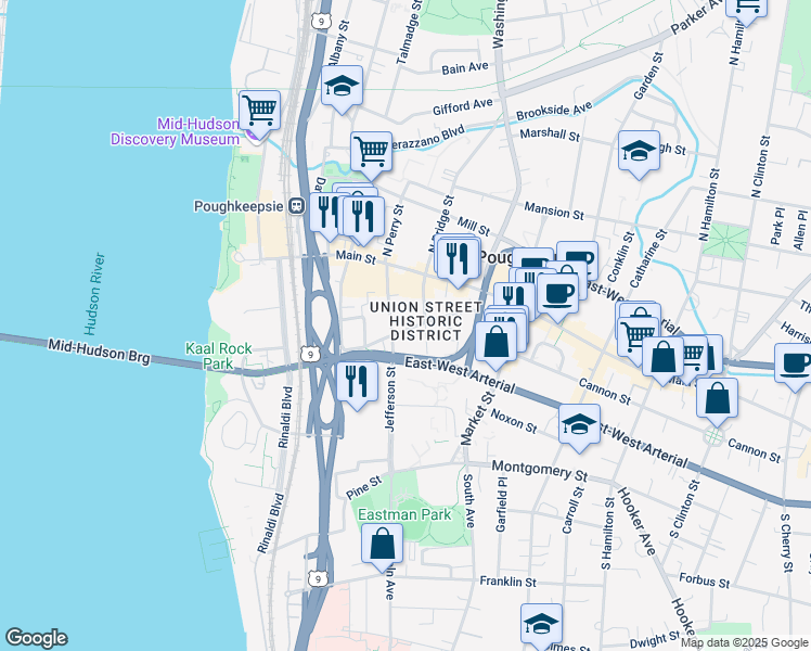 map of restaurants, bars, coffee shops, grocery stores, and more near 163 Union Street in Poughkeepsie