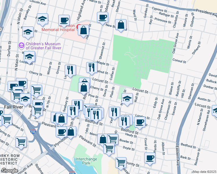 map of restaurants, bars, coffee shops, grocery stores, and more near 265 Plain Street in Fall River