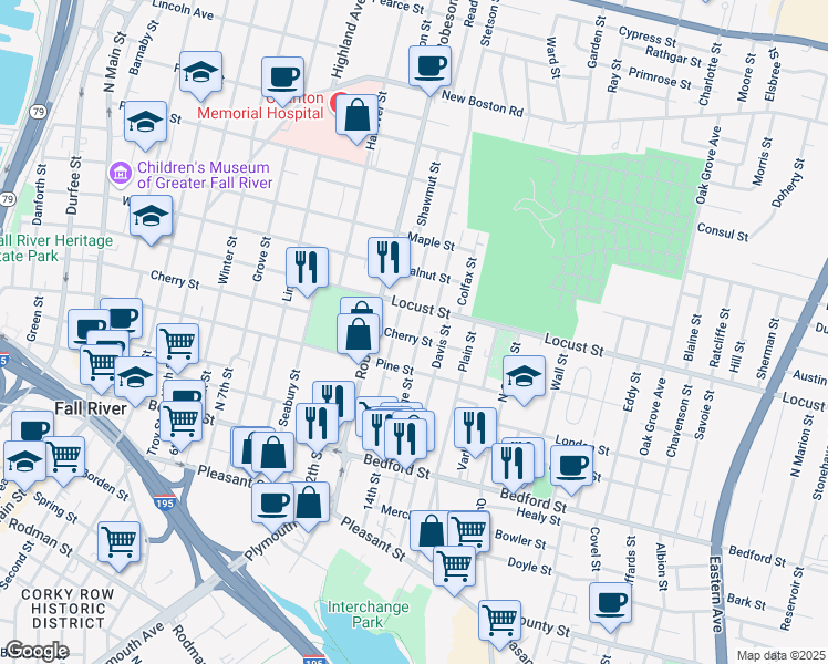 map of restaurants, bars, coffee shops, grocery stores, and more near 246 Davis Street in Fall River