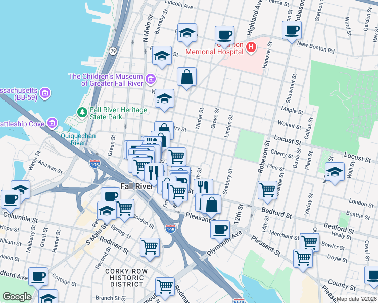 map of restaurants, bars, coffee shops, grocery stores, and more near 222 Franklin Street in Fall River
