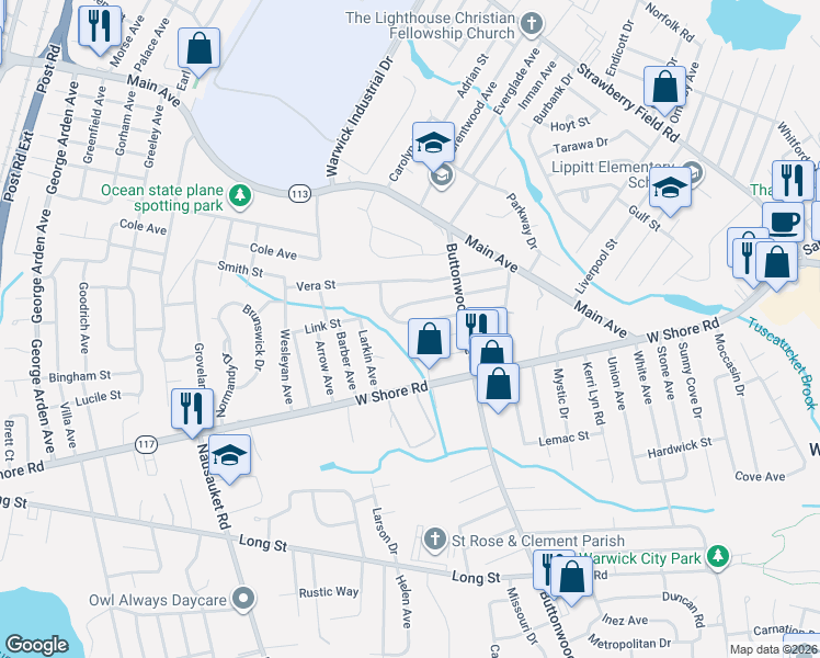 map of restaurants, bars, coffee shops, grocery stores, and more near 90 Wilmar Street in Warwick