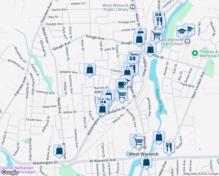 map of restaurants, bars, coffee shops, grocery stores, and more near 145 Archambault Avenue in West Warwick