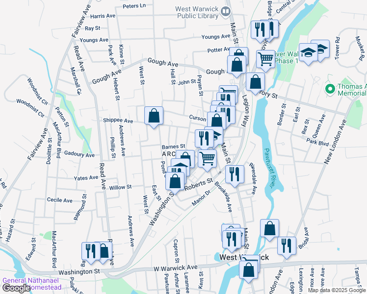 map of restaurants, bars, coffee shops, grocery stores, and more near 145 Archambault Avenue in West Warwick