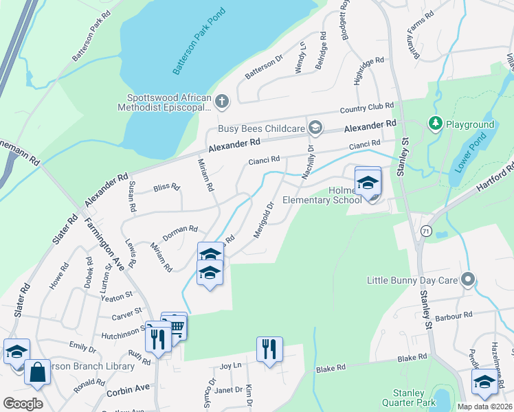 map of restaurants, bars, coffee shops, grocery stores, and more near 111 Merigold Drive in New Britain