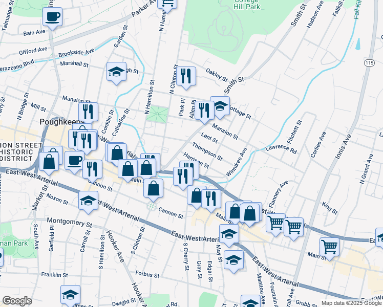 map of restaurants, bars, coffee shops, grocery stores, and more near 14 Grant Street in Poughkeepsie