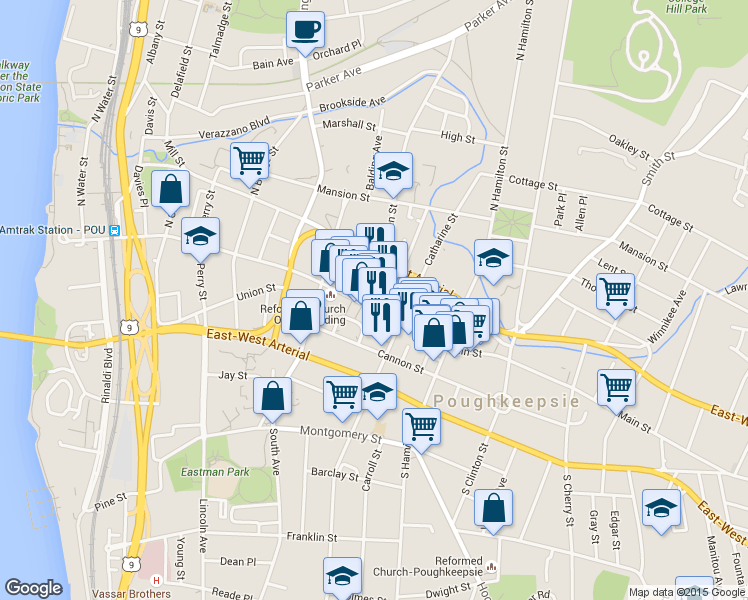 map of restaurants, bars, coffee shops, grocery stores, and more near 331 Main Mall in Poughkeepsie