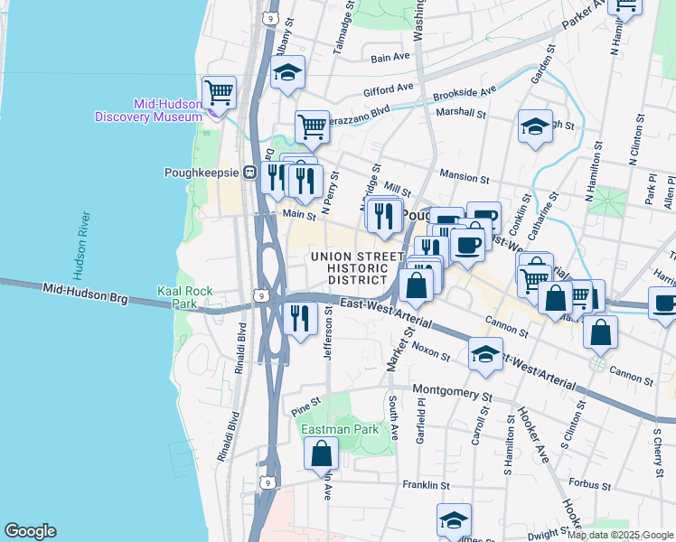 map of restaurants, bars, coffee shops, grocery stores, and more near 160 Union Street in Poughkeepsie