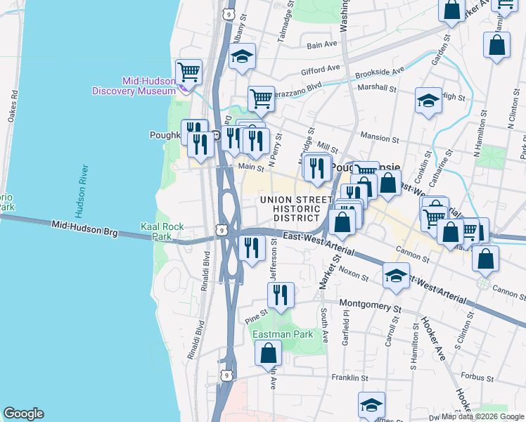 map of restaurants, bars, coffee shops, grocery stores, and more near 135 Union Street in Poughkeepsie
