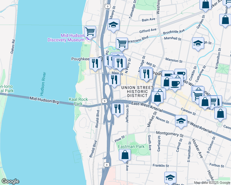 map of restaurants, bars, coffee shops, grocery stores, and more near 135 Union Street in Poughkeepsie