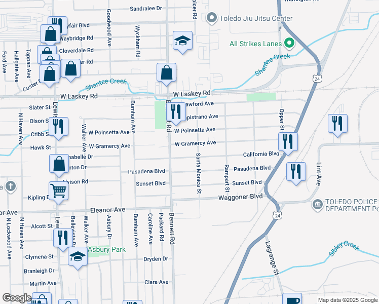 map of restaurants, bars, coffee shops, grocery stores, and more near 415 California Boulevard in Toledo