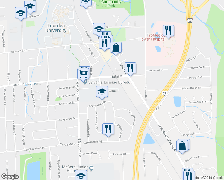 map of restaurants, bars, coffee shops, grocery stores, and more near 4830 Wickford Drive East in Sylvania