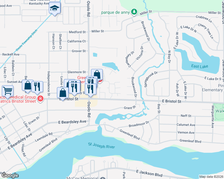 map of restaurants, bars, coffee shops, grocery stores, and more near 2020 East Bristol Street in Elkhart