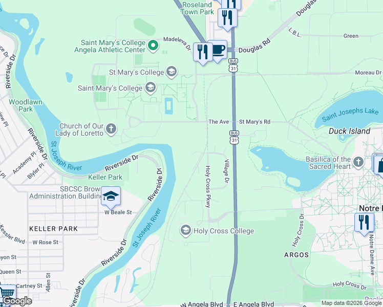 map of restaurants, bars, coffee shops, grocery stores, and more near White River Ridge in Notre Dame
