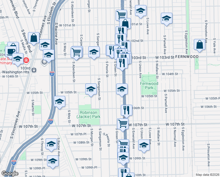 map of restaurants, bars, coffee shops, grocery stores, and more near 10505 South Peoria Street in Chicago