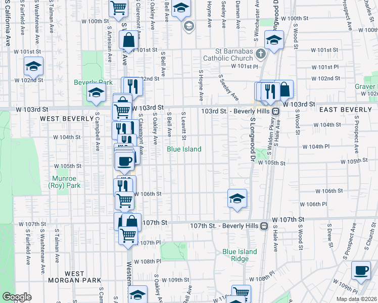 map of restaurants, bars, coffee shops, grocery stores, and more near 10459 South Leavitt Street in Chicago