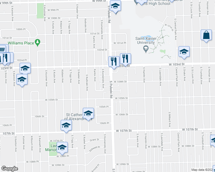 map of restaurants, bars, coffee shops, grocery stores, and more near 10425 Longwood Lane in Oak Lawn