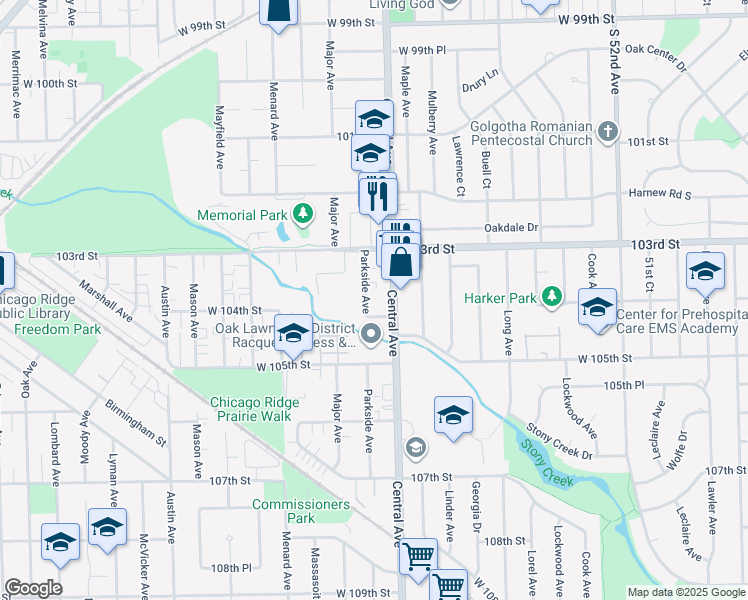 map of restaurants, bars, coffee shops, grocery stores, and more near 10361 Parkside Avenue in Oak Lawn