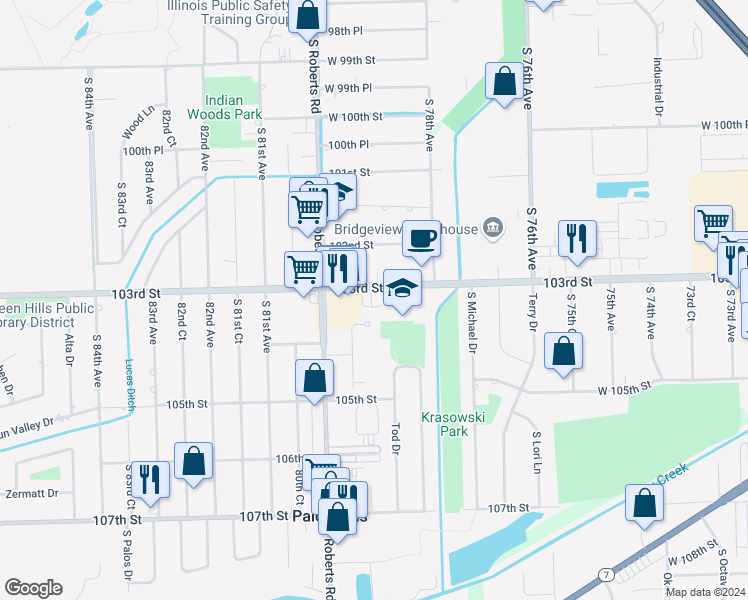 map of restaurants, bars, coffee shops, grocery stores, and more near 7845 West 103rd Street in Palos Hills