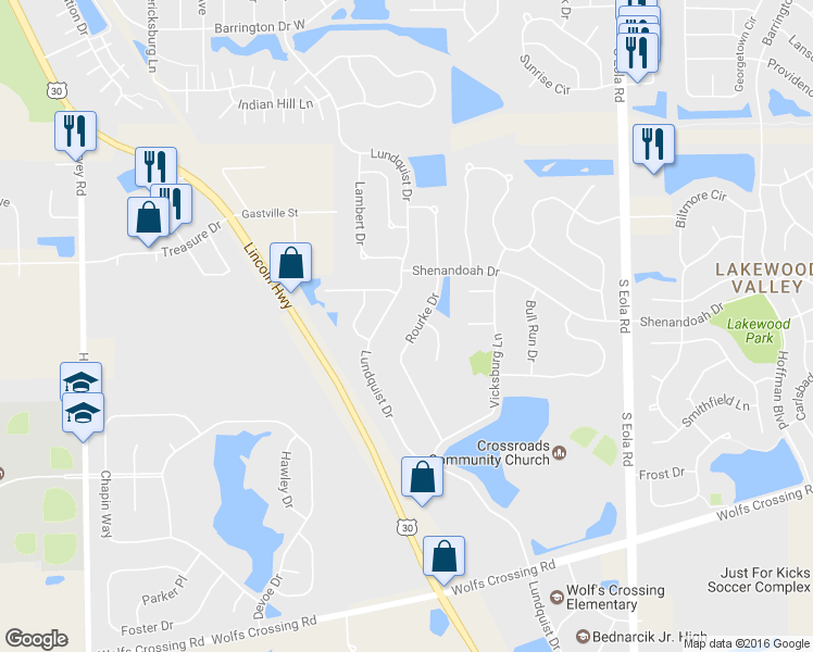 map of restaurants, bars, coffee shops, grocery stores, and more near 2693 Rourke Drive in Aurora