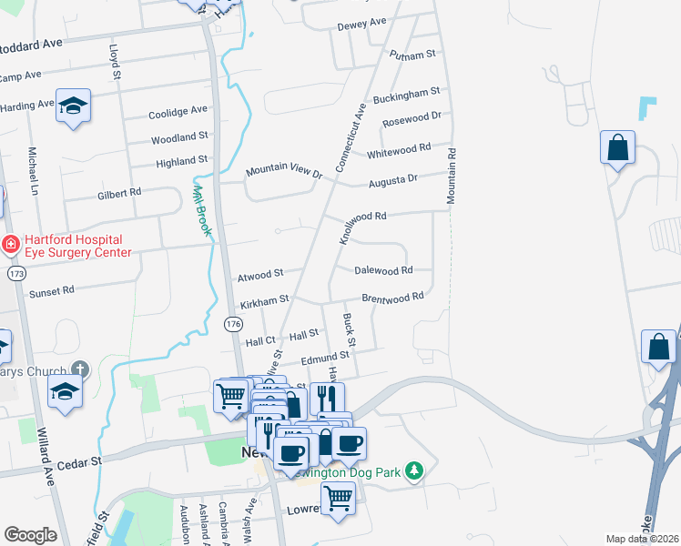 map of restaurants, bars, coffee shops, grocery stores, and more near 6 Knollwood Road in Newington
