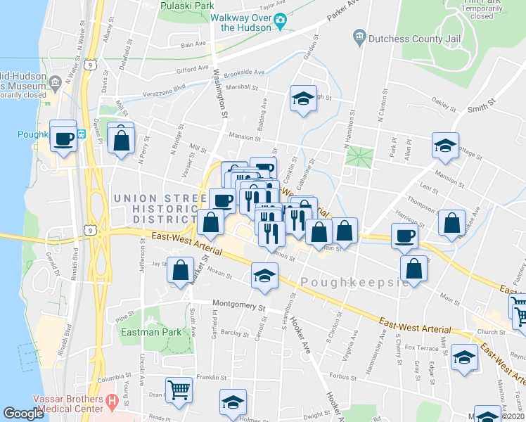 map of restaurants, bars, coffee shops, grocery stores, and more near 309 Main Street in Poughkeepsie
