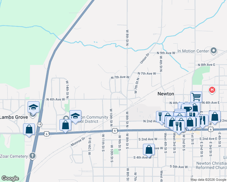map of restaurants, bars, coffee shops, grocery stores, and more near 908 North 4th Avenue West in Newton