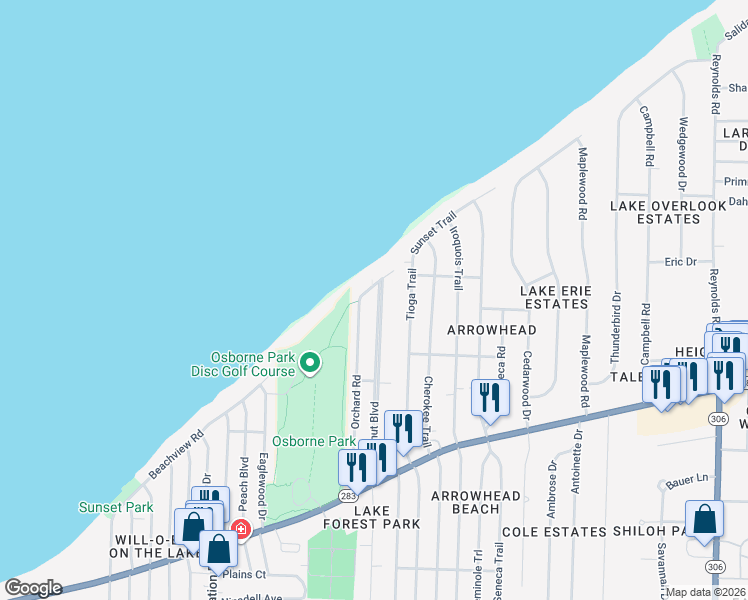 map of restaurants, bars, coffee shops, grocery stores, and more near 653 Orchard Road in Willoughby