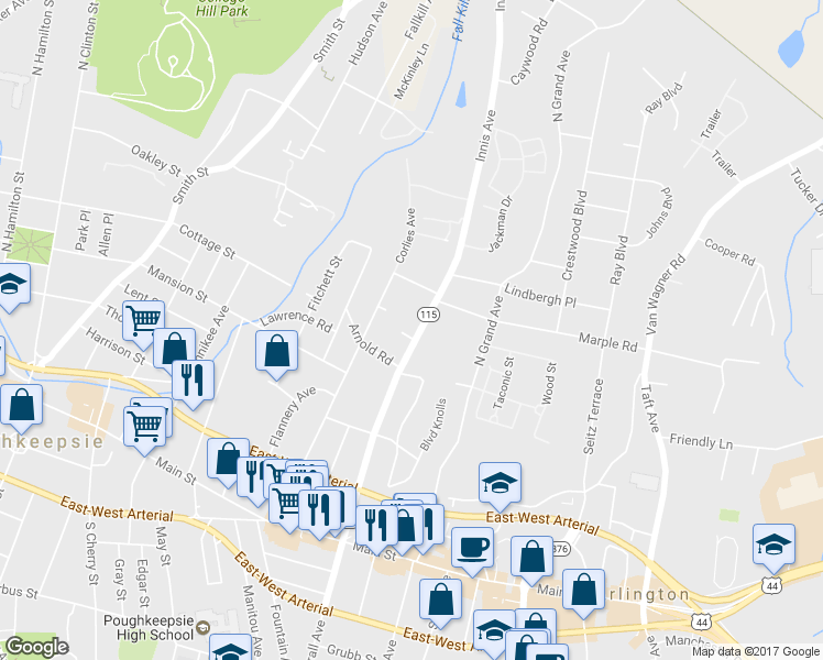 map of restaurants, bars, coffee shops, grocery stores, and more near 100 Innis Avenue in Poughkeepsie