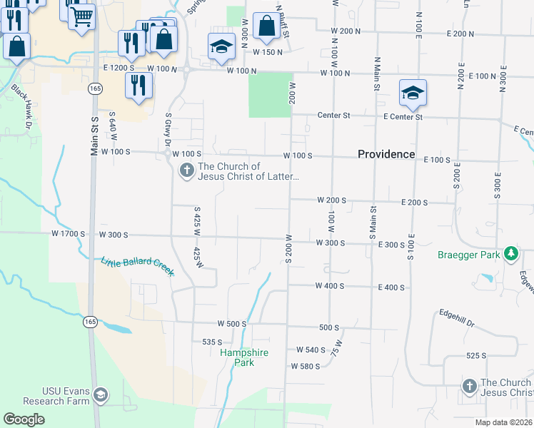 map of restaurants, bars, coffee shops, grocery stores, and more near 256 West 225 South in Providence