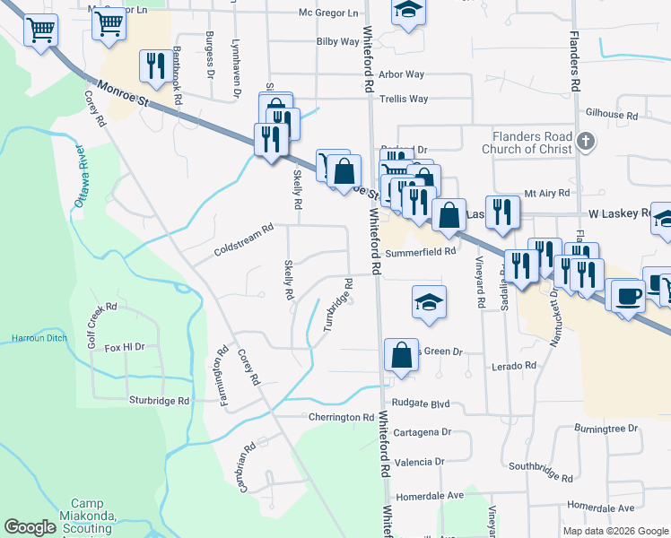 map of restaurants, bars, coffee shops, grocery stores, and more near 4835 Turnbridge Road in Toledo