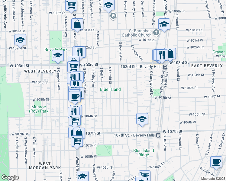 map of restaurants, bars, coffee shops, grocery stores, and more near 10459 South Leavitt Street in Chicago