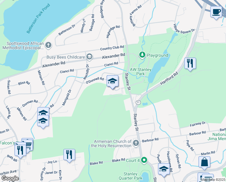 map of restaurants, bars, coffee shops, grocery stores, and more near 2150 Stanley Street in New Britain