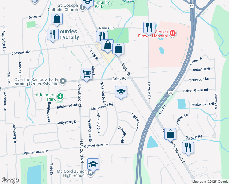 map of restaurants, bars, coffee shops, grocery stores, and more near 4854 Wickford Drive East in Sylvania