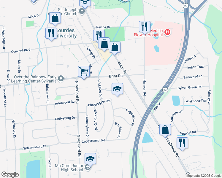 map of restaurants, bars, coffee shops, grocery stores, and more near 6503 Cornwall Court in Sylvania