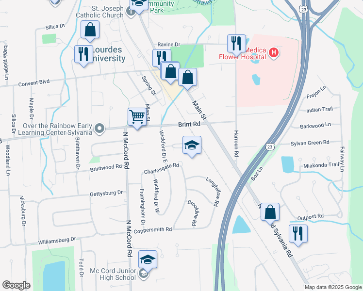 map of restaurants, bars, coffee shops, grocery stores, and more near 4830 Wickford Drive East in Sylvania