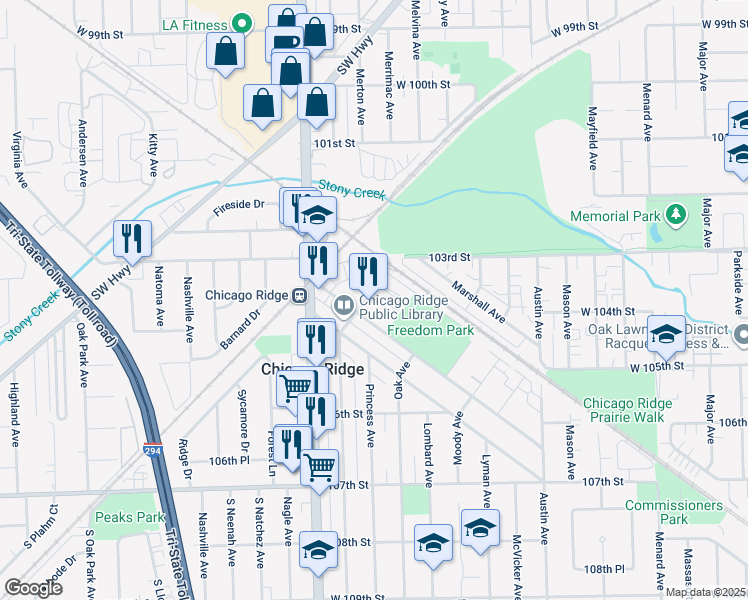 map of restaurants, bars, coffee shops, grocery stores, and more near 6309 Birmingham Street in Chicago Ridge