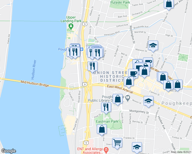 map of restaurants, bars, coffee shops, grocery stores, and more near 12 Delano Street in Poughkeepsie