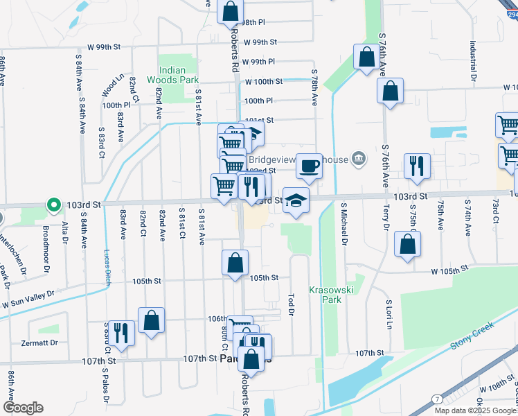 map of restaurants, bars, coffee shops, grocery stores, and more near 10303 South Roberts Road in Palos Hills