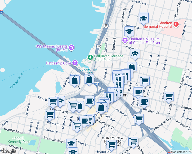 map of restaurants, bars, coffee shops, grocery stores, and more near Central Street in Fall River
