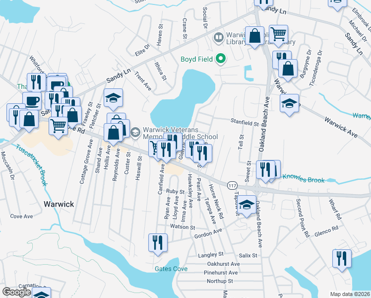 map of restaurants, bars, coffee shops, grocery stores, and more near 225 Sefton Avenue in Warwick