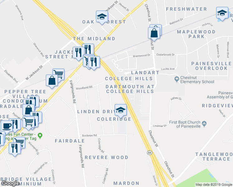 map of restaurants, bars, coffee shops, grocery stores, and more near 23 Angela Court in Painesville