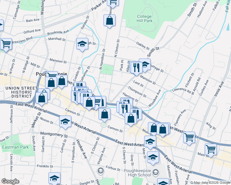 map of restaurants, bars, coffee shops, grocery stores, and more near in Poughkeepsie