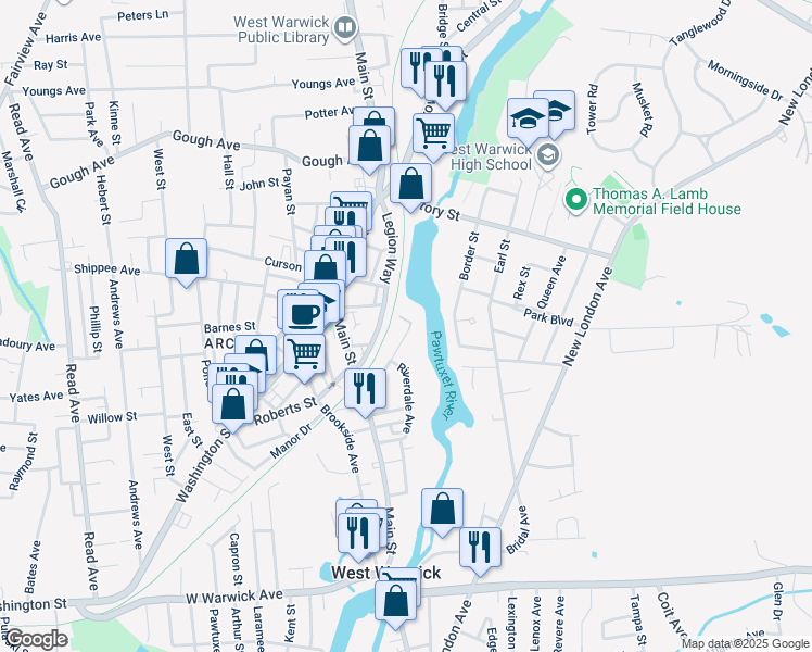 map of restaurants, bars, coffee shops, grocery stores, and more near in West Warwick