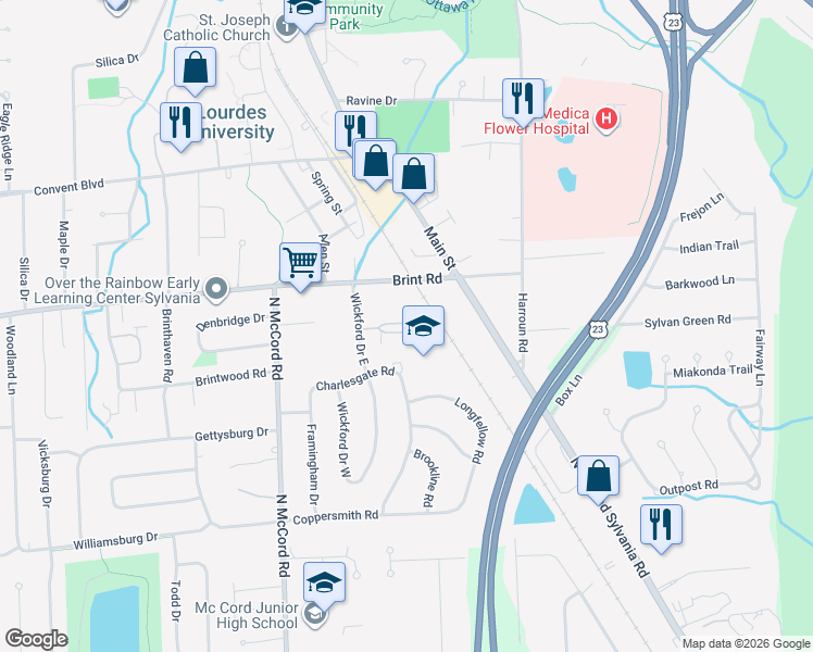 map of restaurants, bars, coffee shops, grocery stores, and more near 4830 Wickford Drive East in Sylvania