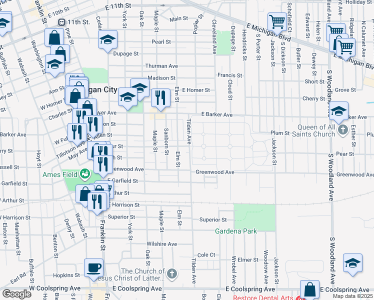 map of restaurants, bars, coffee shops, grocery stores, and more near 1024 Elm Street in Michigan City