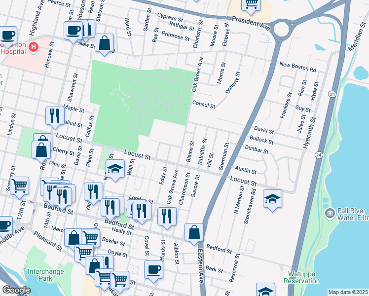map of restaurants, bars, coffee shops, grocery stores, and more near 368 Oak Grove Avenue in Fall River