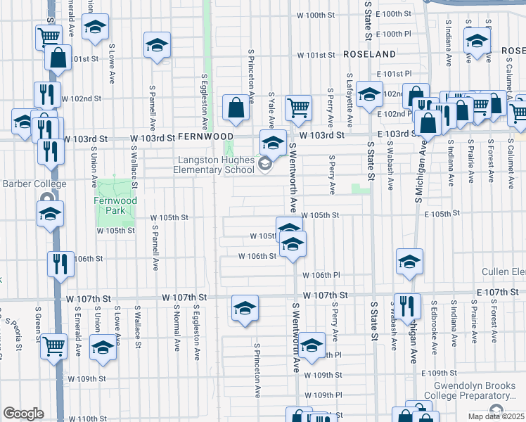 map of restaurants, bars, coffee shops, grocery stores, and more near 248 West 105th Street in Chicago