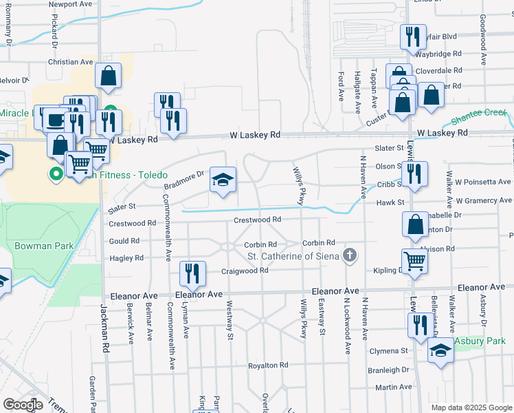 map of restaurants, bars, coffee shops, grocery stores, and more near 4625 Overland Parkway in Toledo