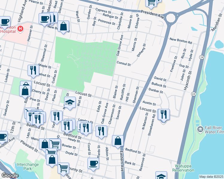map of restaurants, bars, coffee shops, grocery stores, and more near 368 Oak Grove Avenue in Fall River
