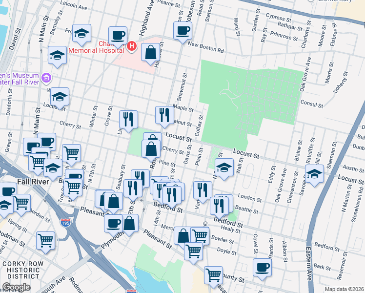 map of restaurants, bars, coffee shops, grocery stores, and more near 246 Davis Street in Fall River